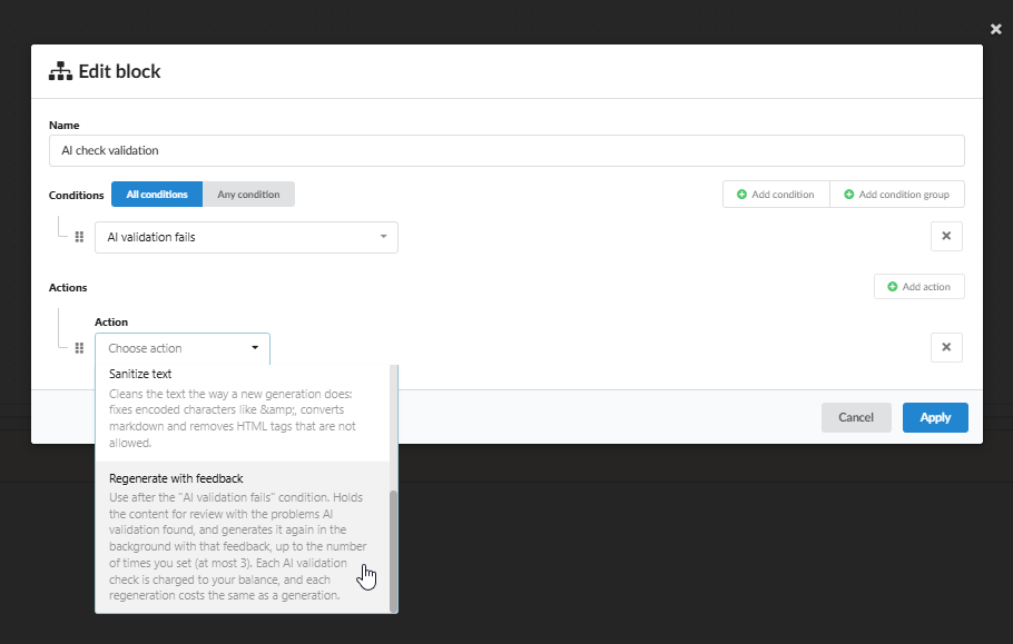 Choosing the Regenerate with feedback action in the Edit block window