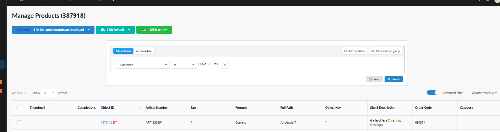Filtering products by the Published attribute in Manage Products