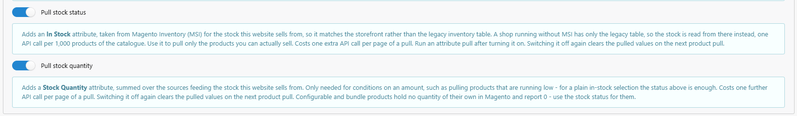 Pull stock status and stock quantity in the Magento 2 integration settings