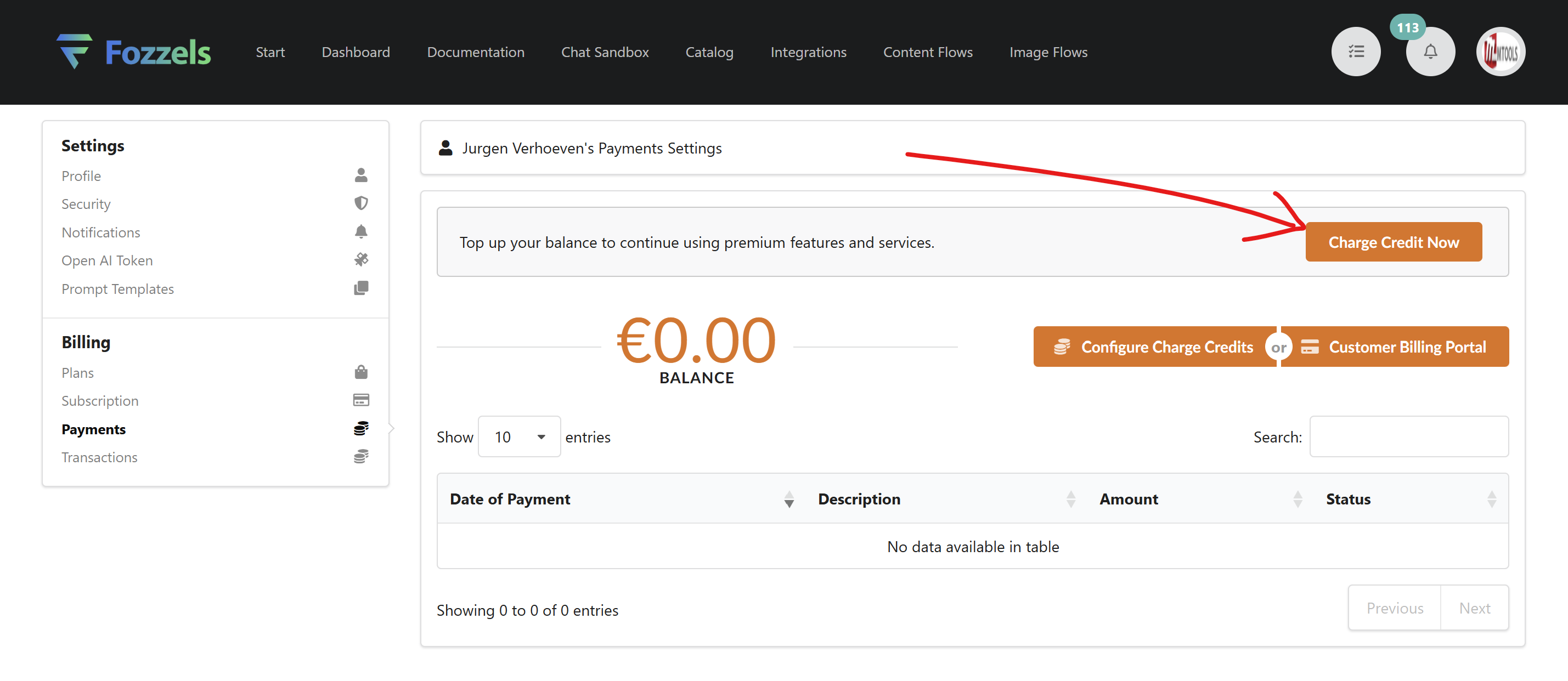 Fozzels Payment screen