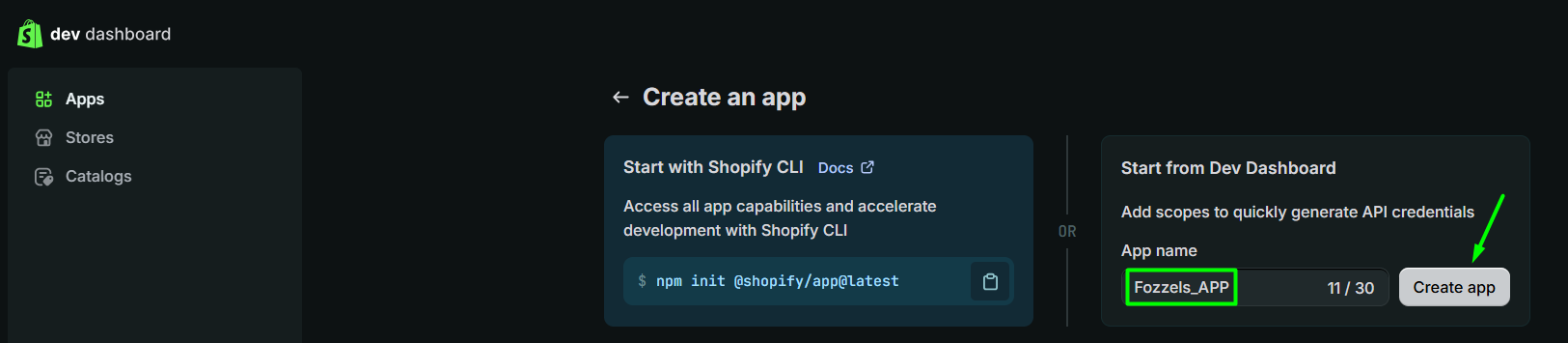 App erstellen: Start from Dev Dashboard