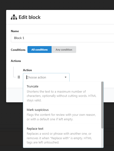 Auswahl einer Aktion für einen Workflow-Block: Truncate, Mark suspicious oder Replace text