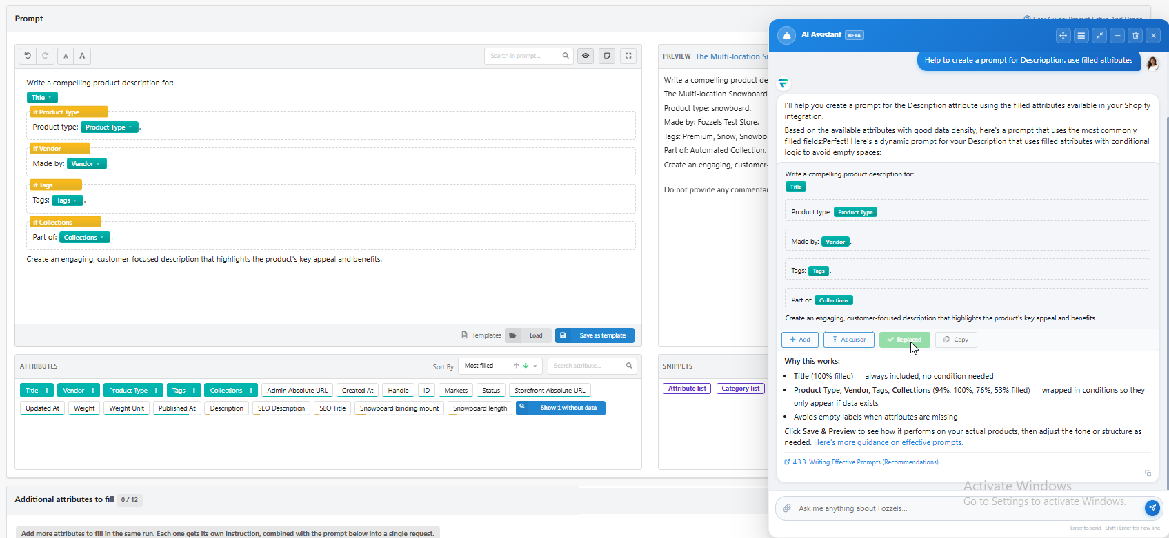 Der neue Prompt-Editor mit Live-Vorschau, Snippets und Jane, die einen fertigen Prompt einfügt