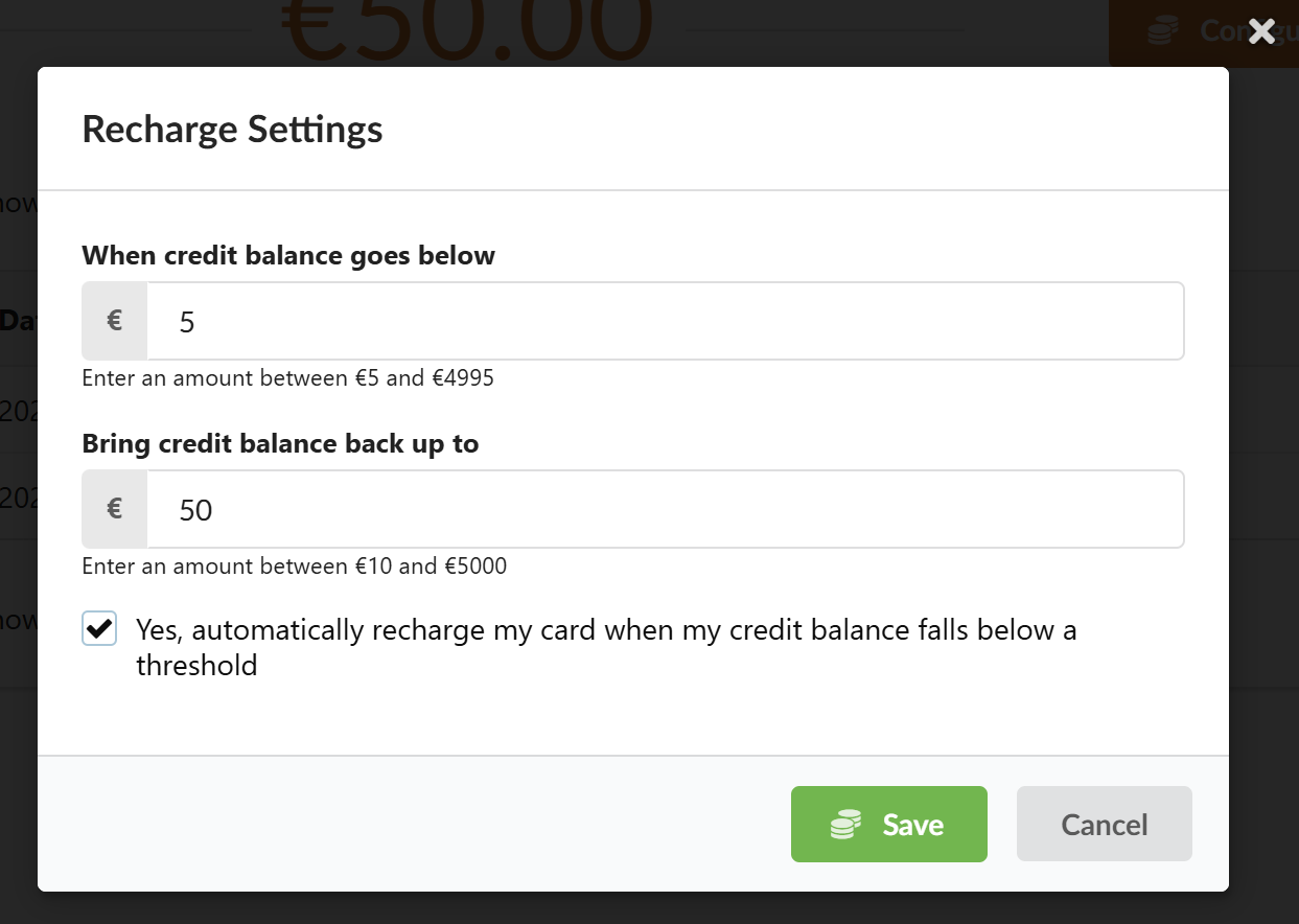Automatic Recharge settings pop-up