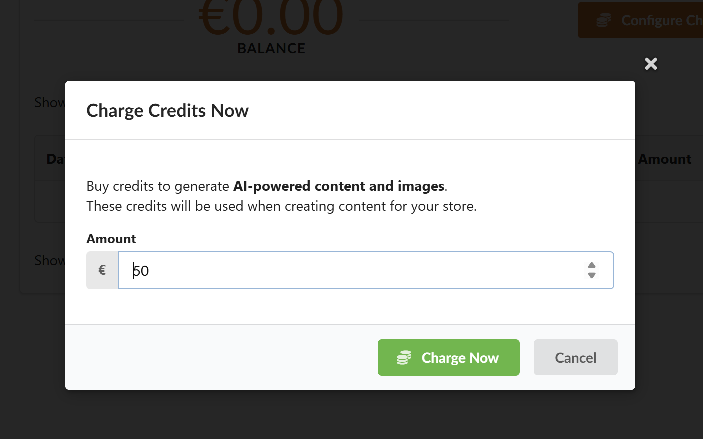 Charge Credits now Popup