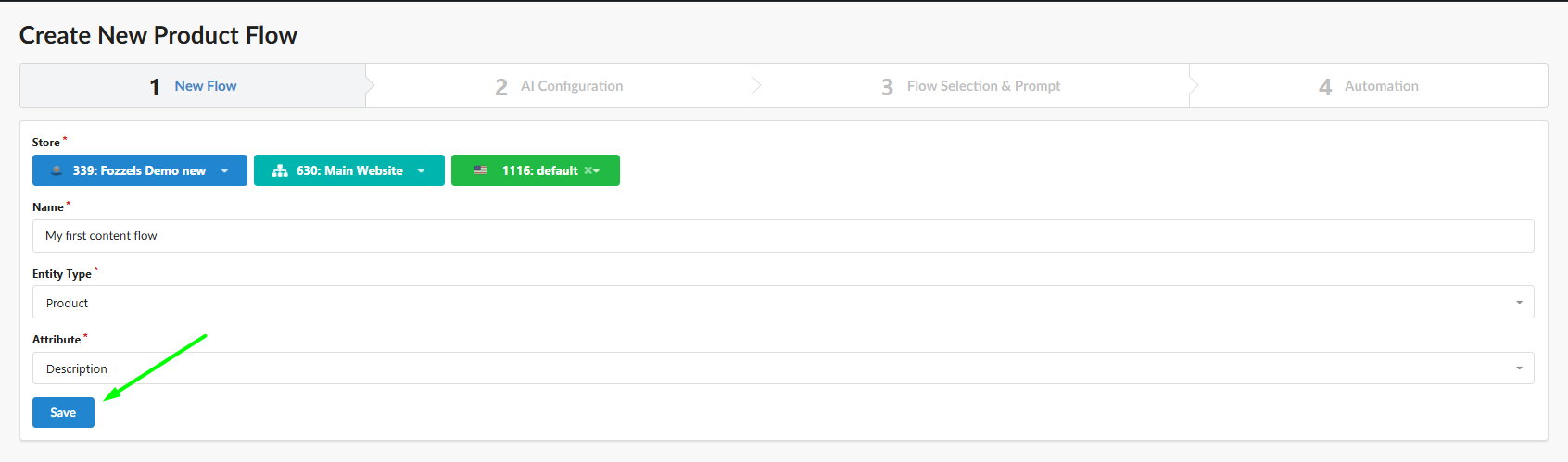 Formular für den neuen Flow, bereit zum Speichern