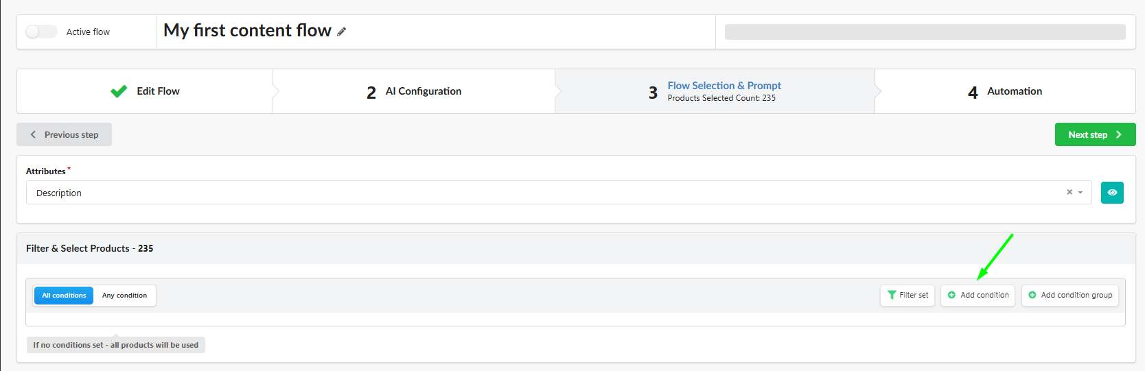 Schritt Flow Selection & Prompt: Hauptattribut und Filter
