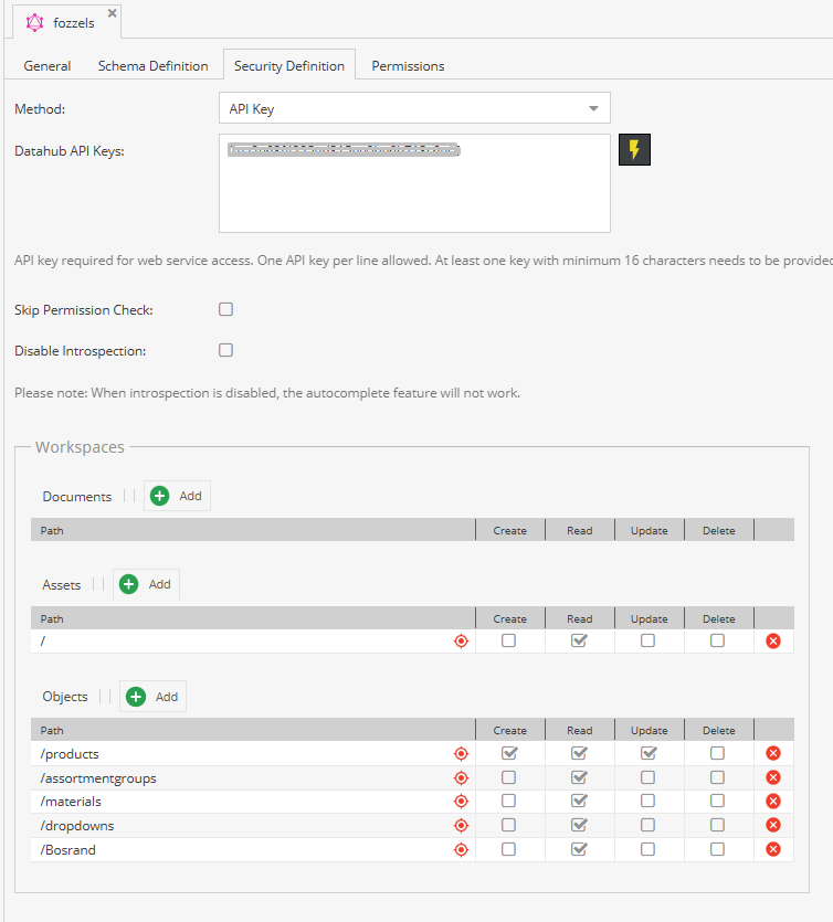 La pestaña Security Definition contiene tu clave de API y las reglas de acceso de Workspace