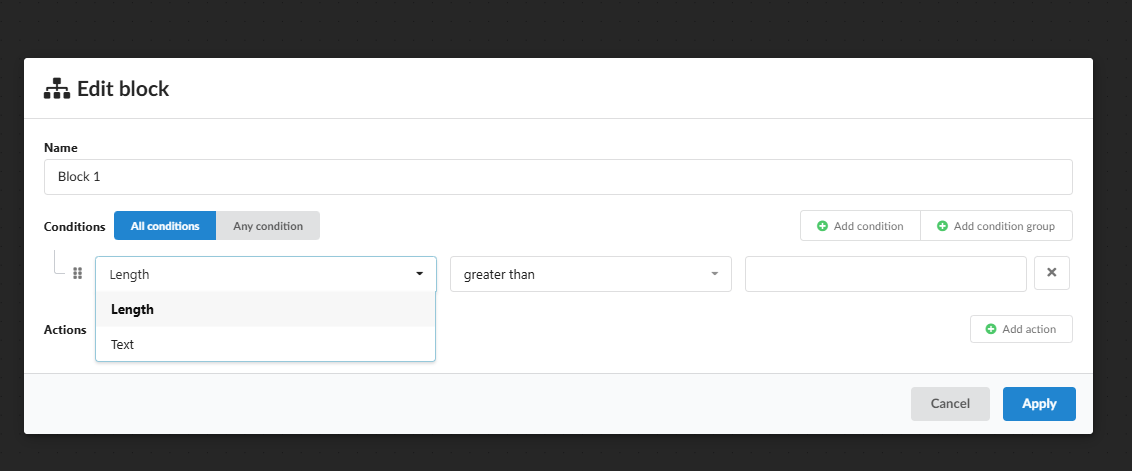 Tipos de condición: Length y Text
