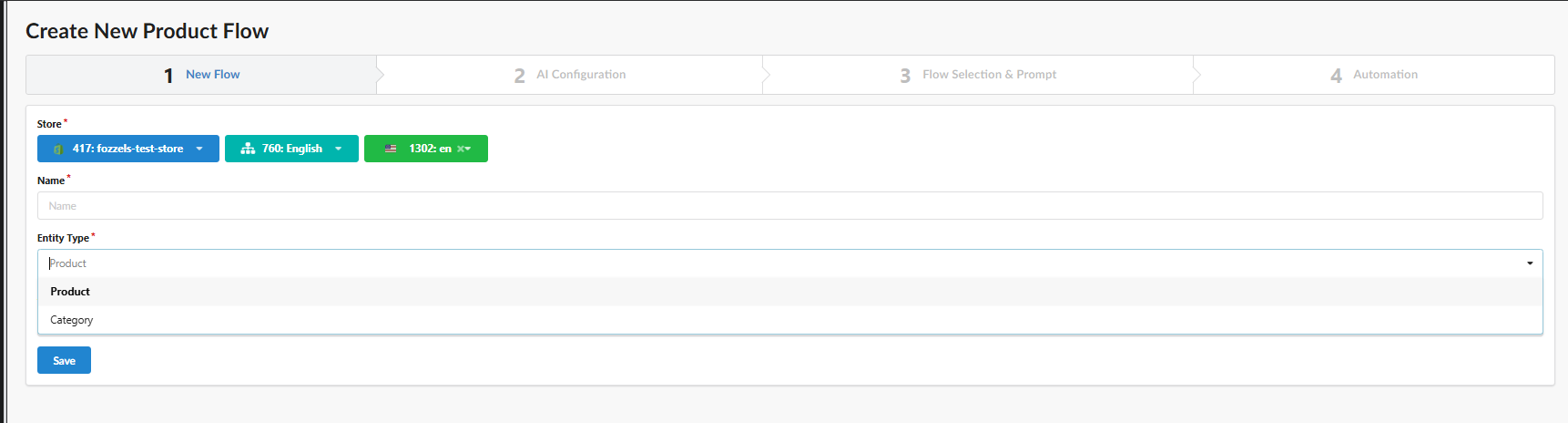 Create New Product Flow : choix du type d'entité