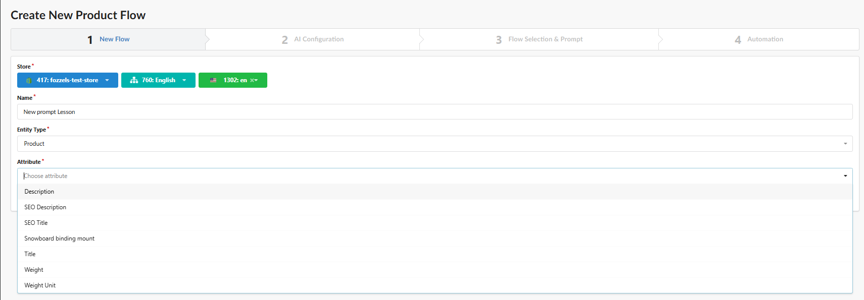Create New Product Flow : choix de l'attribut
