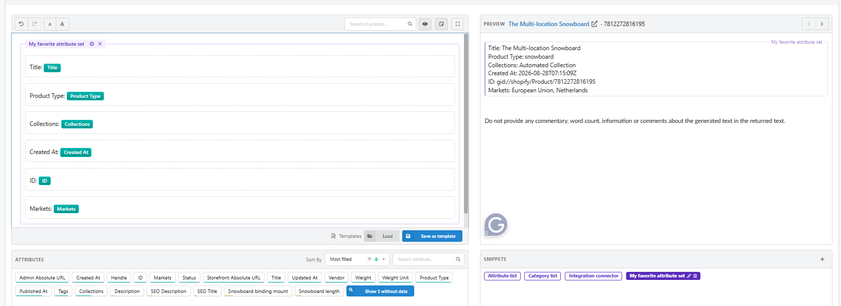 Snippet personnalisé dans le prompt et dans la Preview