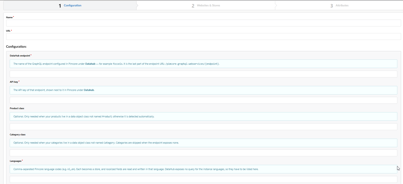 Nome, URL, endpoint DataHub, API key e i campi facoltativi Classe prodotto/Classe categoria
