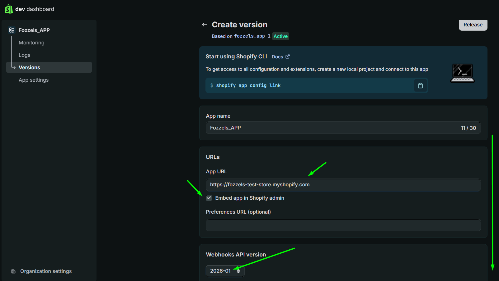 Create version: App URL, Embed app in Shopify admin, Webhooks API version