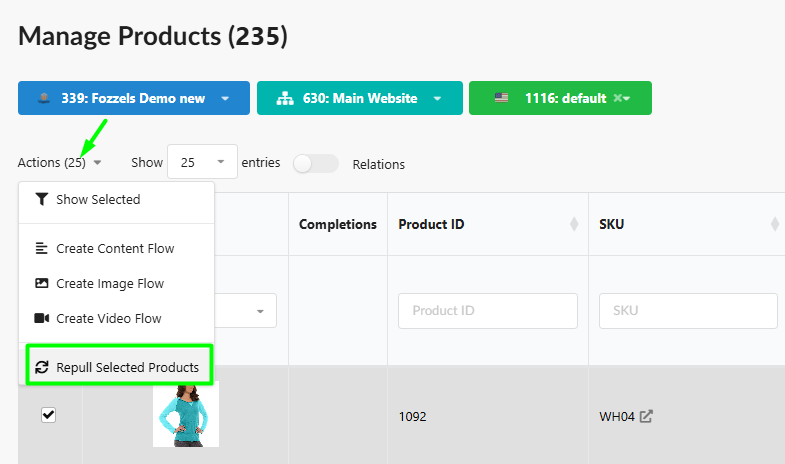 Actions → Repull Selected Products in Manage Products