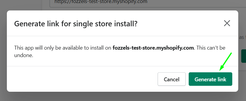 Conferma di Generate link per l'installazione su un singolo negozio
