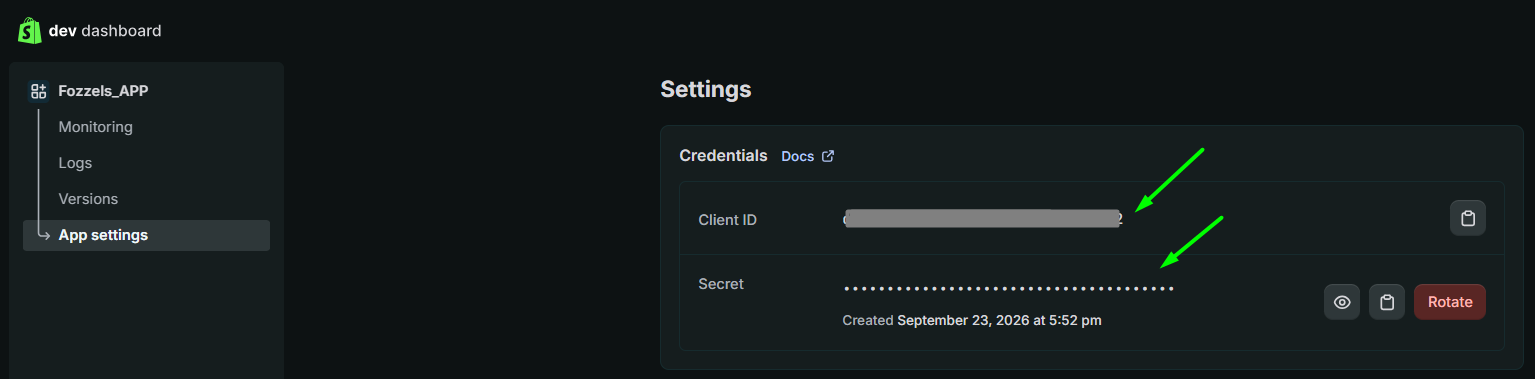 App settings: Credentials