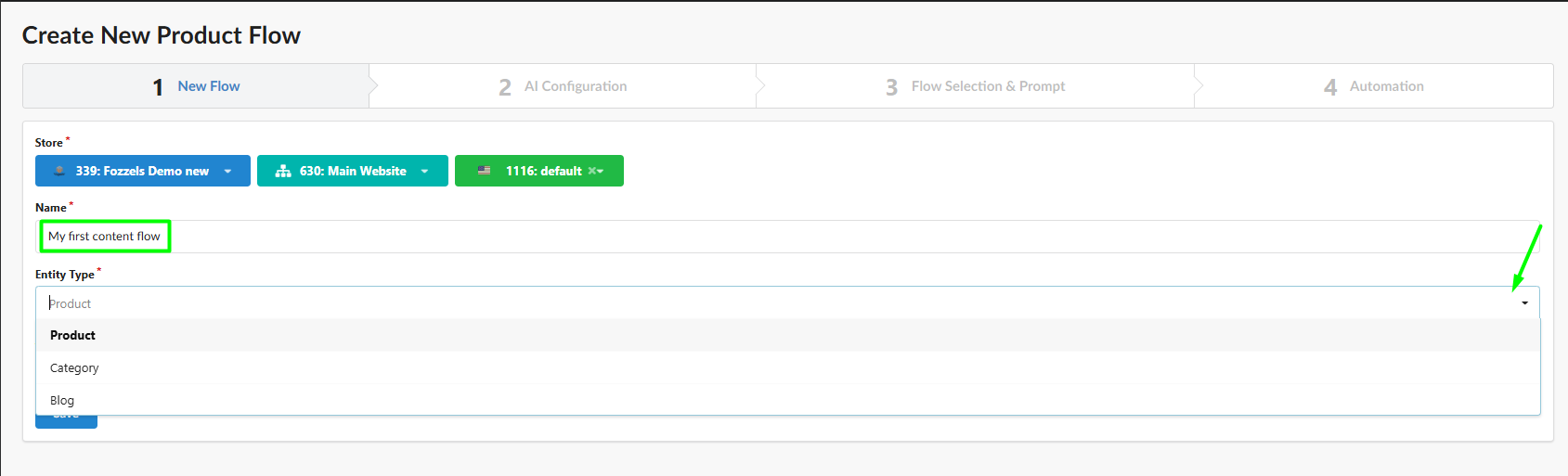 Create New Product Flow: scelta del tipo di entità