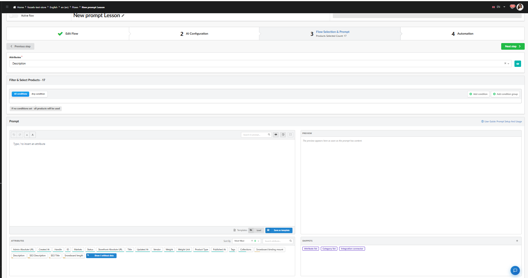 Stap Flow Selection &amp; Prompt met een lege prompteditor