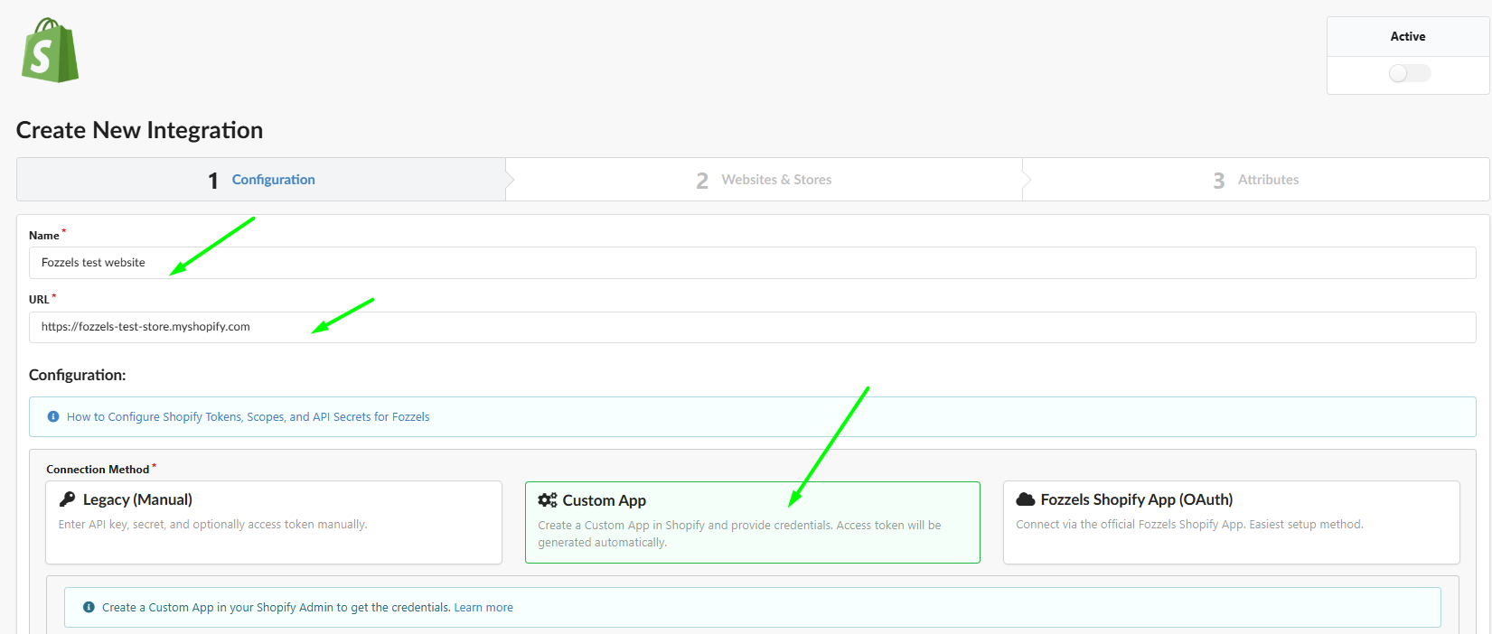 Create New Integration: Configuration en Custom App