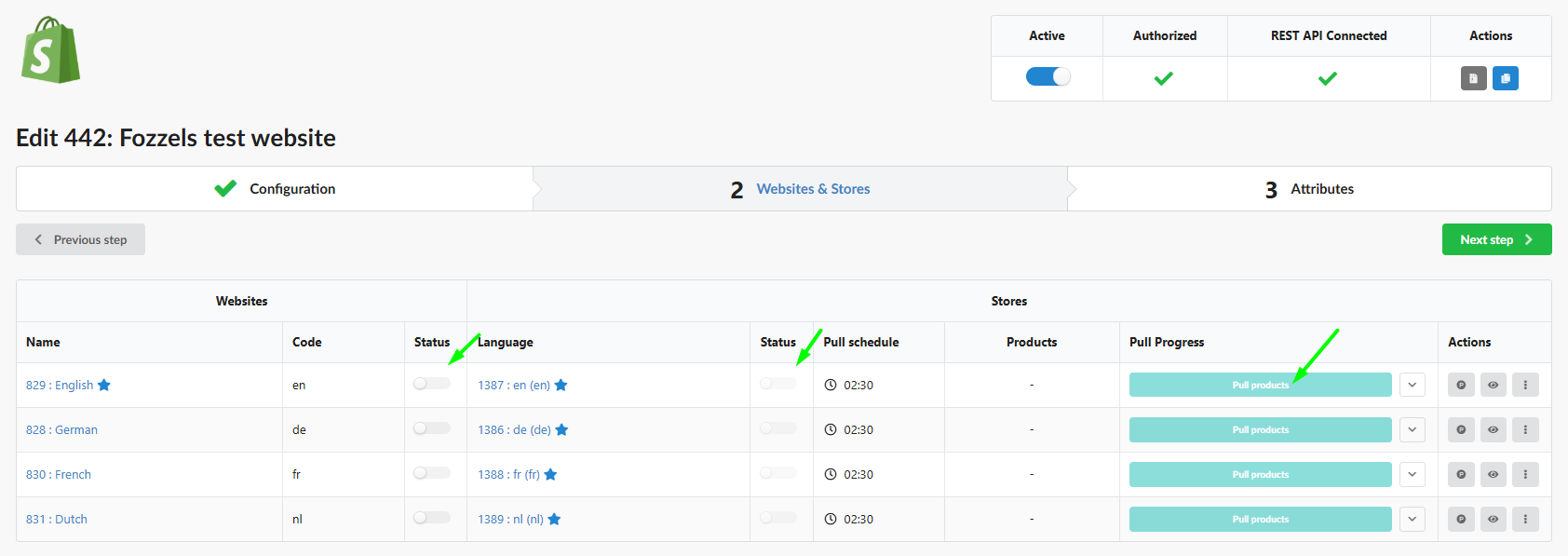Tabel Websites & Stores na het ophalen