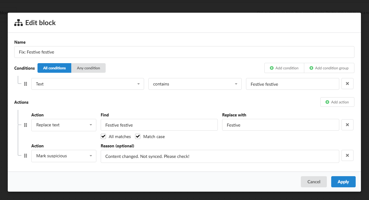 Workflow de correção com Replace text e Mark suspicious