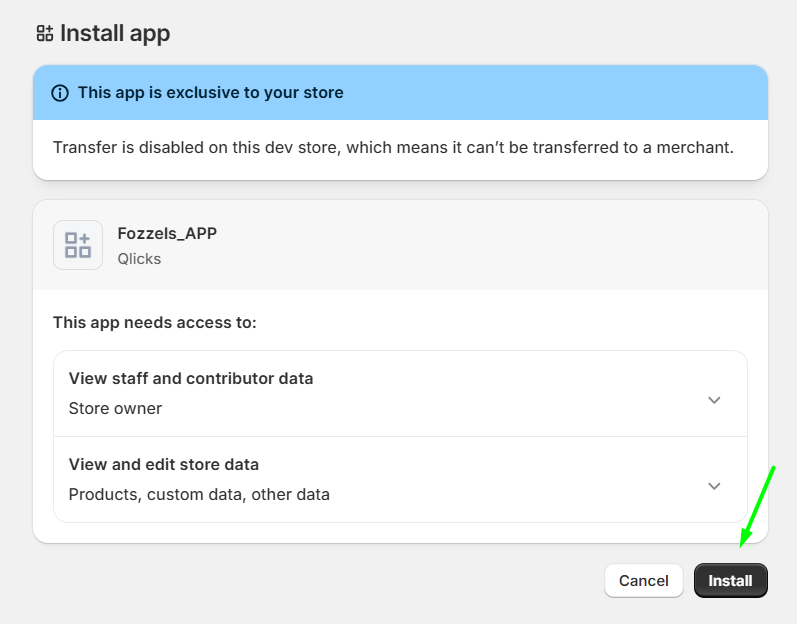 Página Install app no painel de administração da loja