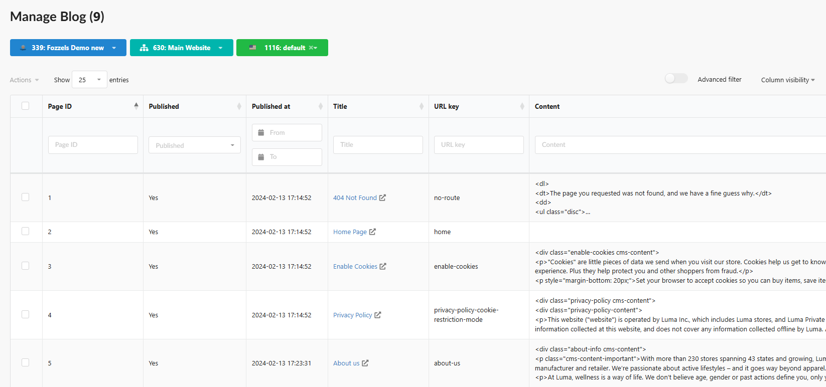 Manage Blog: páginas de CMS do Magento 2 importadas