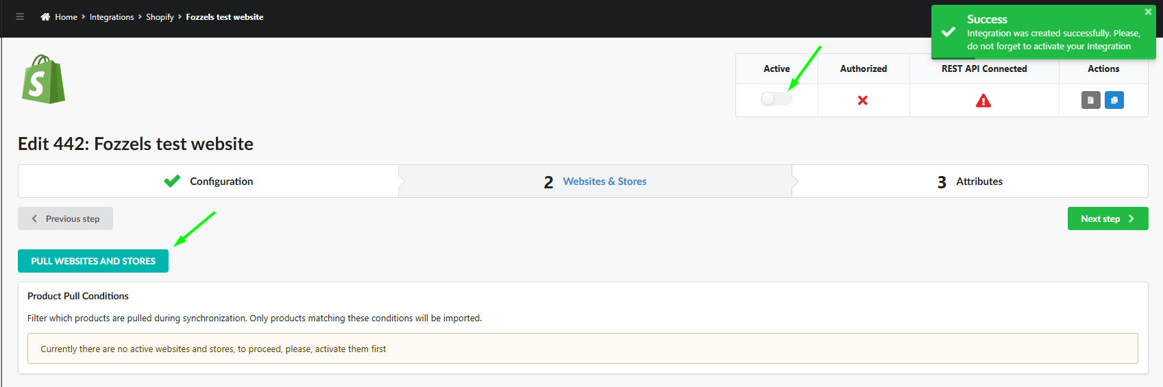 Depois de Save: painel de status e Pull Websites and Stores